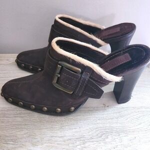 ApepazzabBrown Leather Studded Buckle Mule Clog Heels